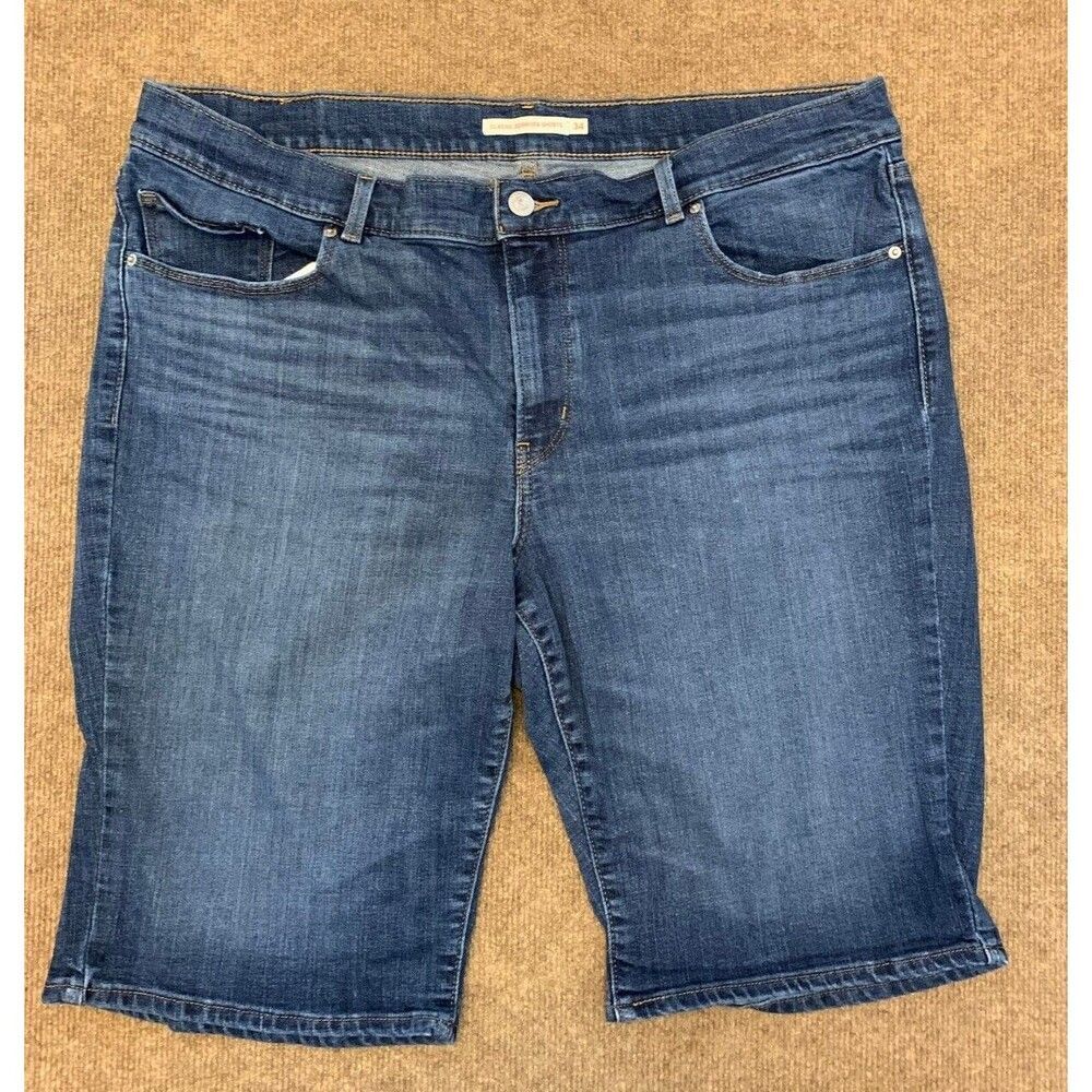 Levis Denim Bermuda Shorts Womens 34 Mid Rise Whiskered Dark Wash Y2K Denim